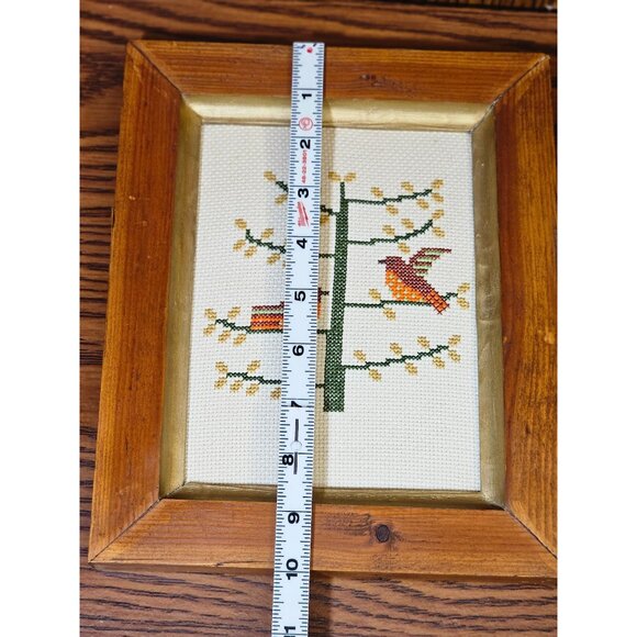 Vintage Cross-Stitch Bird Tree Art In Rustic Wood Frame - Picture 6 of 6
